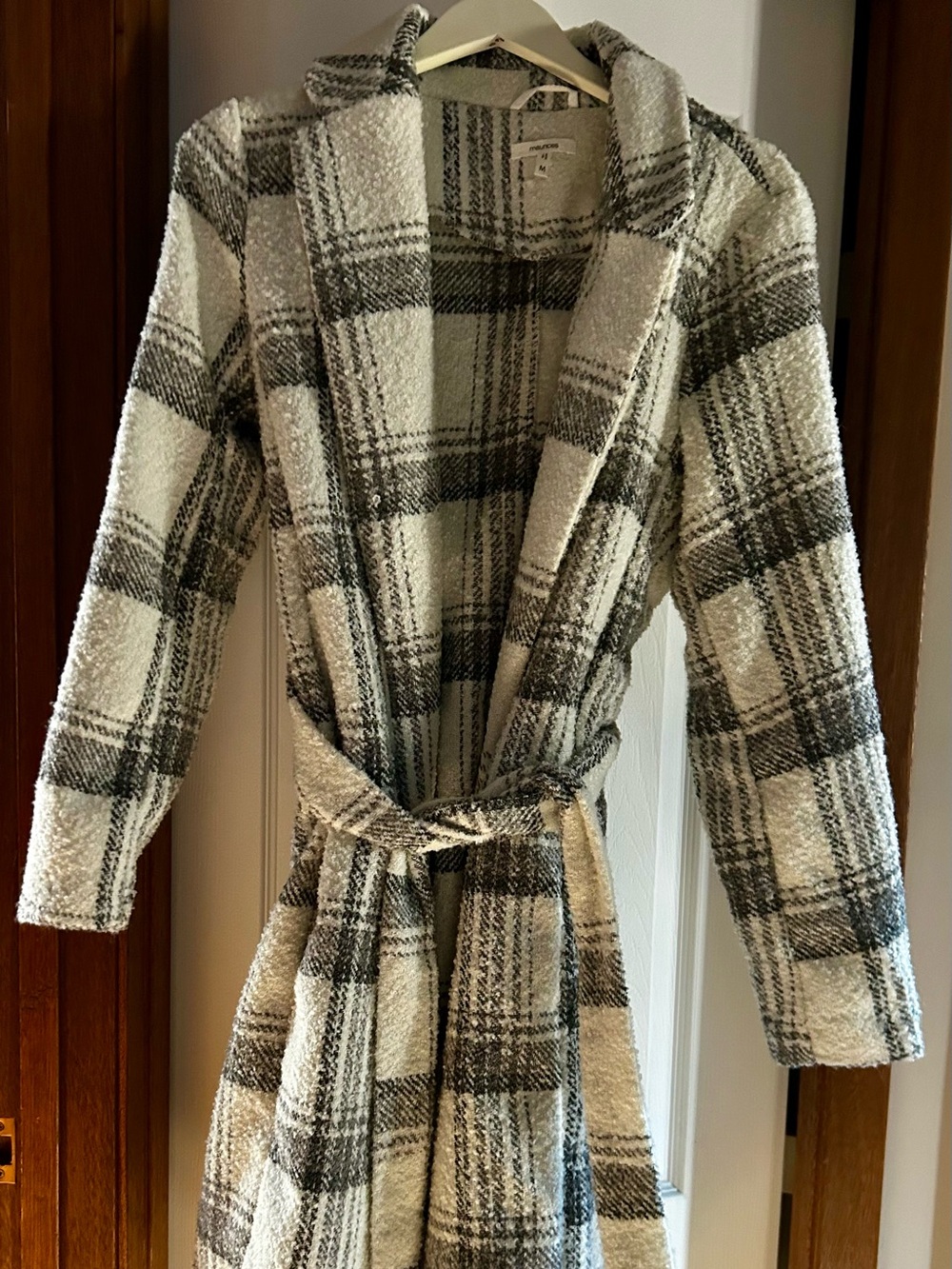Maurices Plaid Belted Wrap Coatigan in Cream and Gray